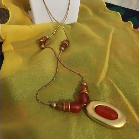 Vintage Necklace & Earrings Set Goldtone & Red Oval Beaded Necklace & Earrings - Picture 7 of 16